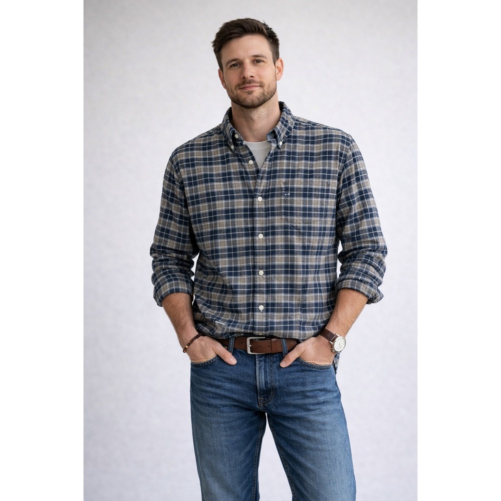 Barbour Mens Navy Blue Tan Plaid Button Down Long Sleeve Shirt XL